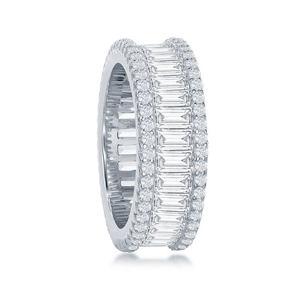 Sterling Silver Baguette CZ and Pave Border Band Ring