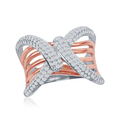 Sterling Silver Two-Tone Overlapping Micro Pave with Wavy Bars Design Ring