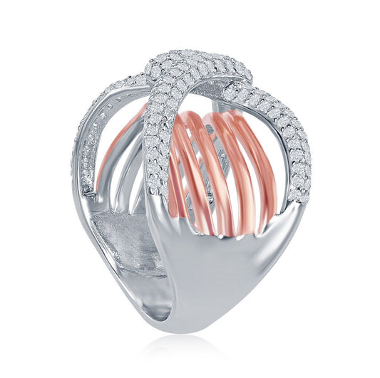 Sterling Silver Two-Tone Overlapping Micro Pave with Wavy Bars Design Ring