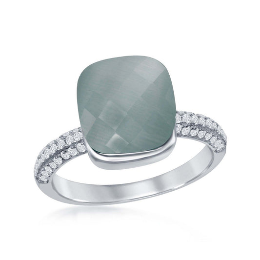 Sterling Silver Checkered Square Blue Cat's Eye with Half Micro Pave Band Ring