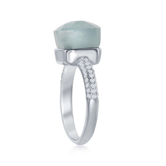Sterling Silver Checkered Square Blue Cat's Eye with Half Micro Pave Band Ring