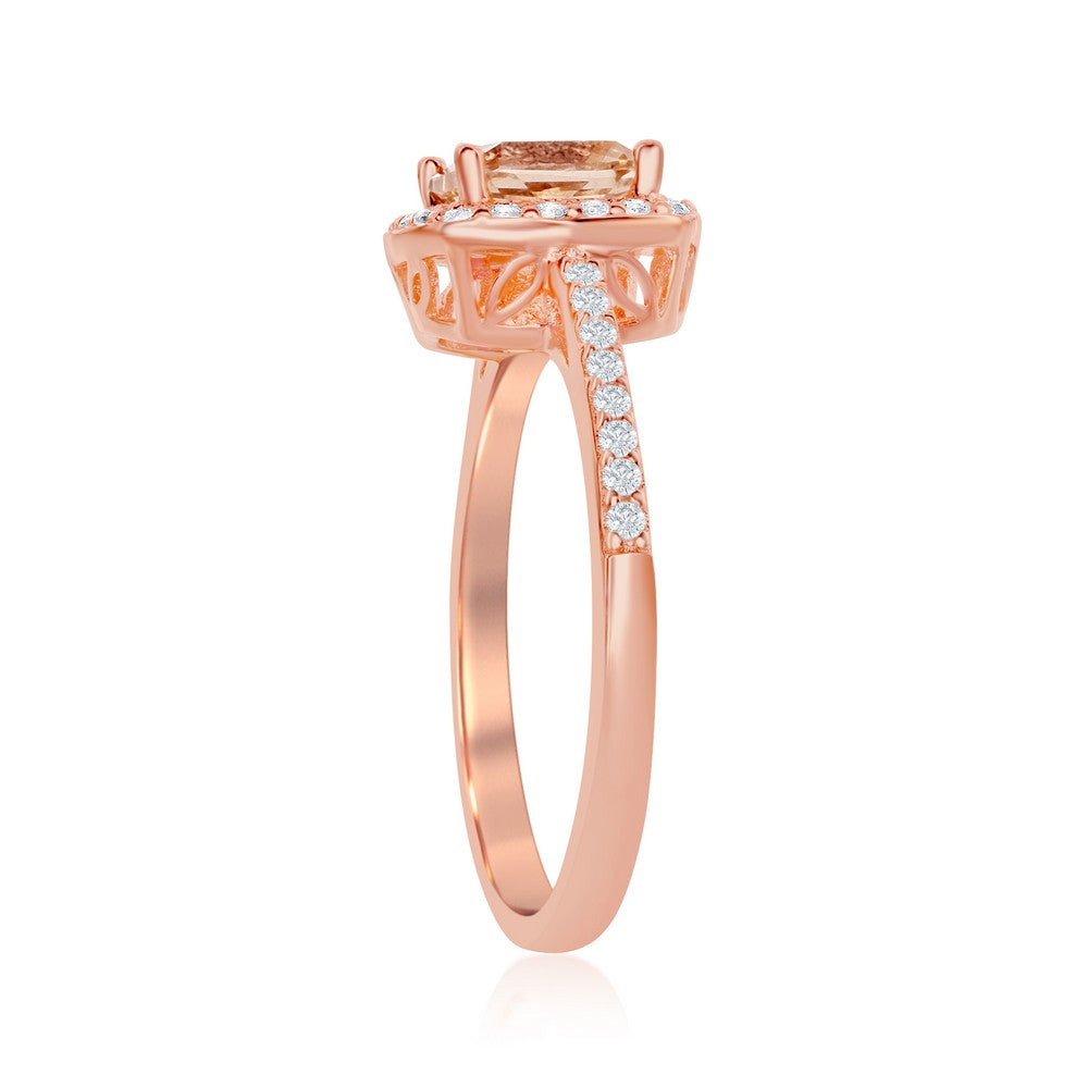 Sterling Silver Square Morganite CZ with White CZ Border Ring - Rose Gold Plated