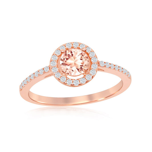 Sterling Silver 5mm Morganite CZ with White CZ Border Ring - Rose Gold Plated