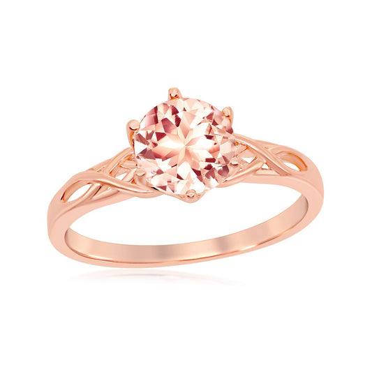 Sterling Silver Six-Prong 7mm Round Morganite CZ w/ Designed Band Ring - Rose Gold Plated