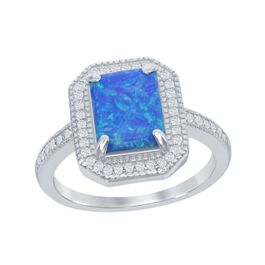 Sterling Silver Rectangle Blue Inlay Opal With Hexagon Shaped CZ Border Ring