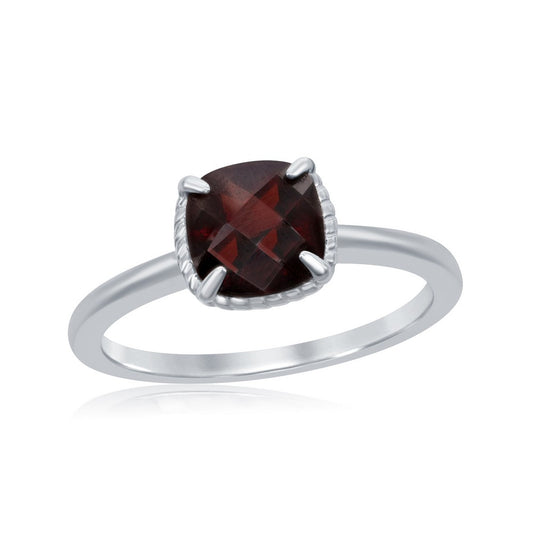 Sterling Silver Four-Prong Square Rope Design Ring - Garnet