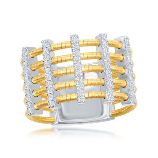 Sterling Silver Designer Ring, Set with CZ, Bonded with 14K Gold, MADE IN ITALY