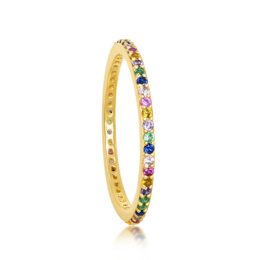 Sterling Silver Rainbow CZ Thin Band Ring - Gold Plated
