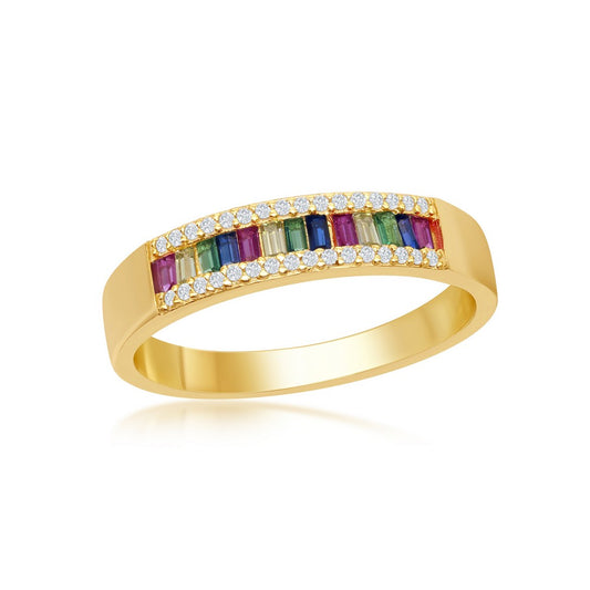 Sterling Silver Baguette Rainbow CZ w/ White CZ Border Channel-Set Band Ring - Gold Plated