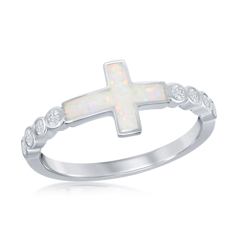 Sterling Silver White Inlay Opal Sideways Cross Half CZ Band Ring