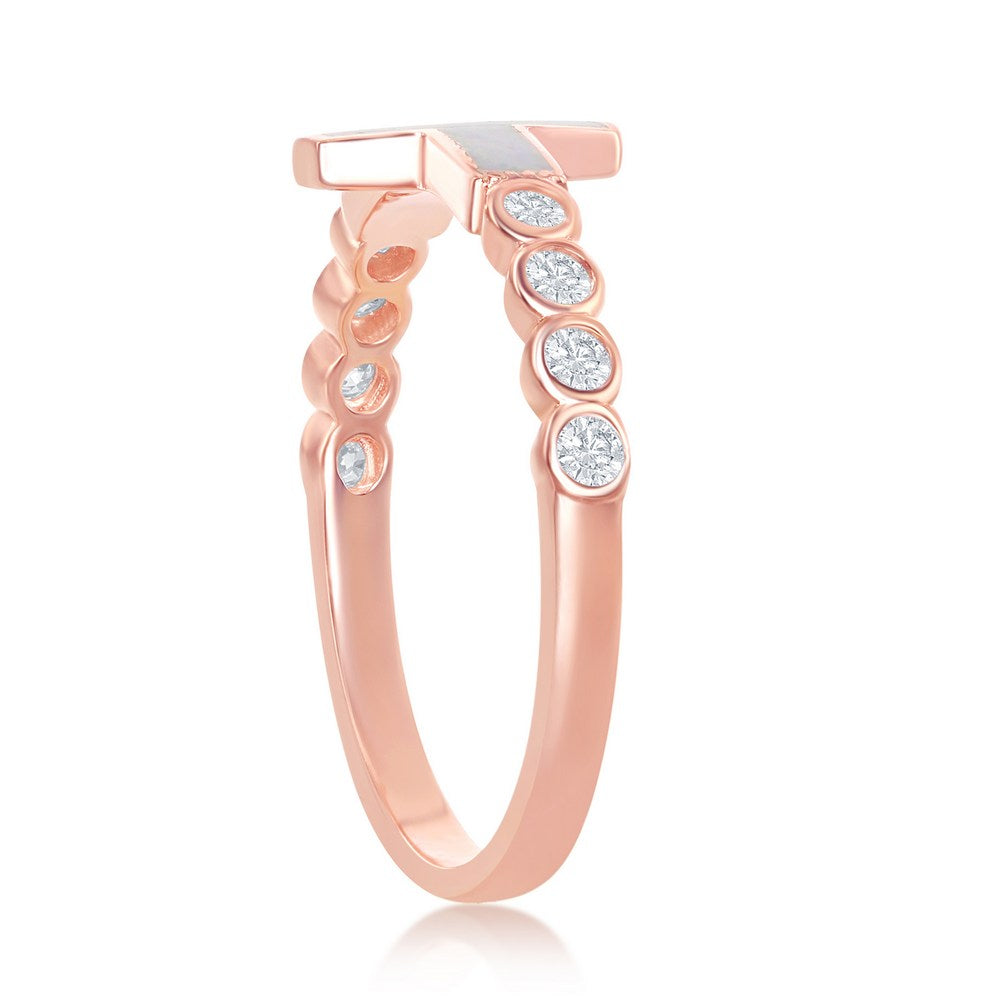 Sterling Silver White Inlay Opal Sideways Cross Half CZ Band Ring - Rose Gold Plated