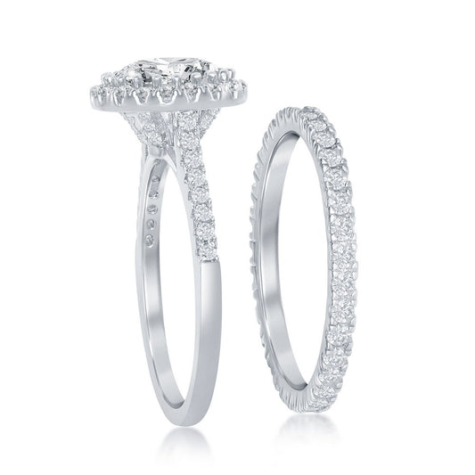 Sterling Silver French Set Round Halo Eternity Band and CZ Engagement Ring Set
