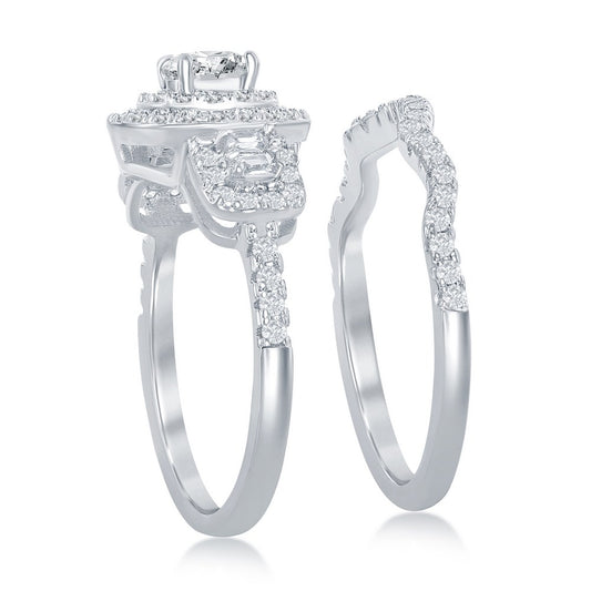 Sterling Silver Round Double Halo Baguette CZ Side Stones Engagement Ring Set