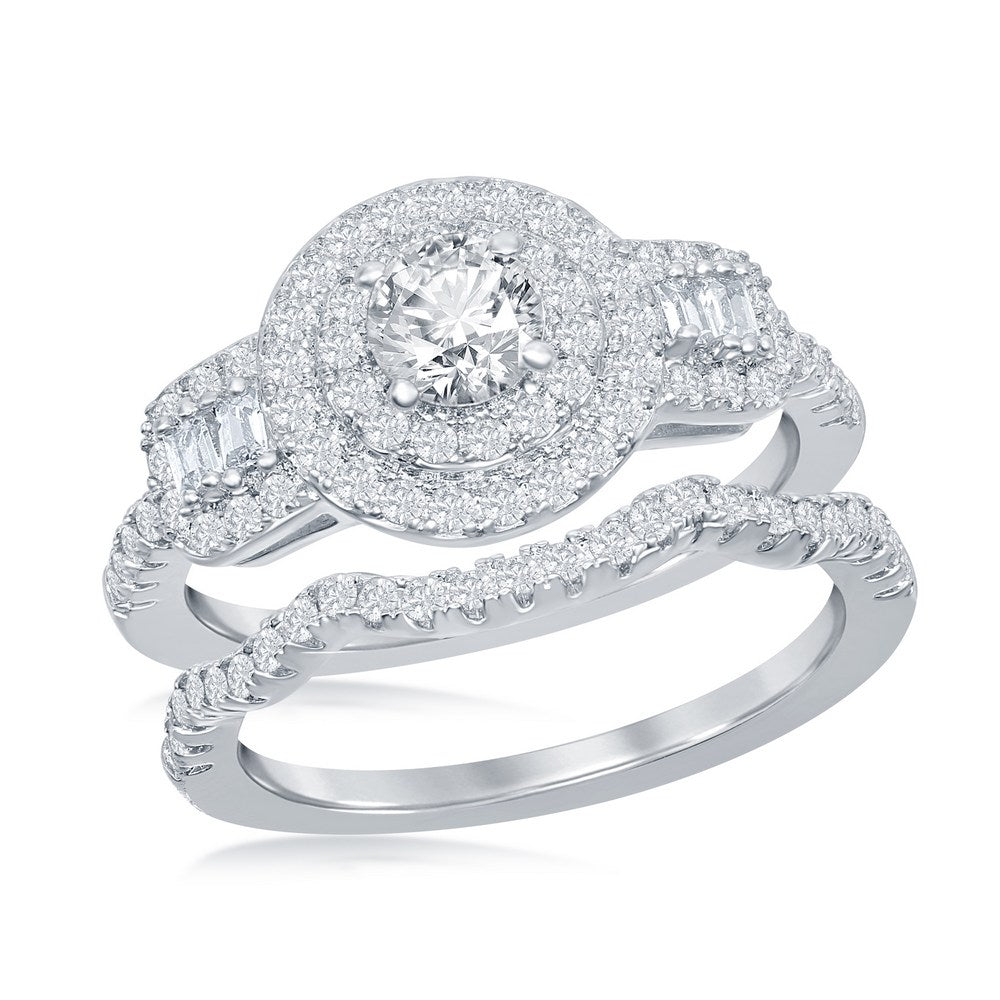 Sterling Silver Round Double Halo Baguette CZ Side Stones Engagement Ring Set
