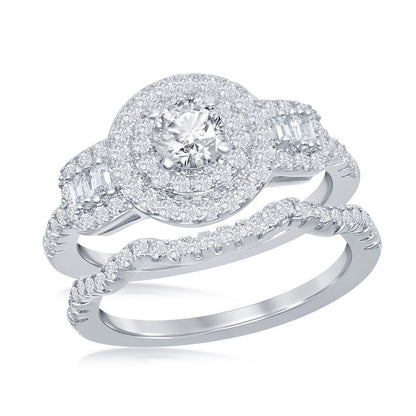 Sterling Silver Round Double Halo Baguette CZ Side Stones Engagement Ring Set