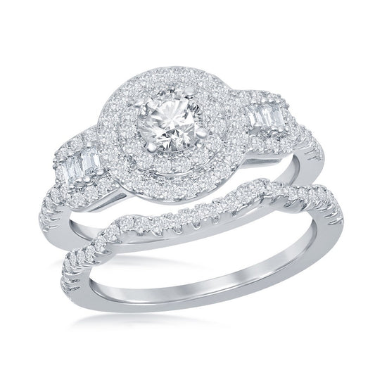 Sterling Silver Round Double Halo Baguette CZ Side Stones Engagement Ring Set