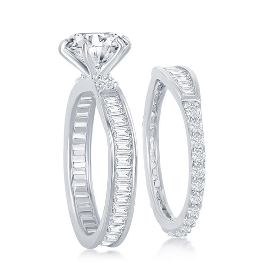 Sterling Silver Six-Prong Baguette CZ Band Engagement Ring Set