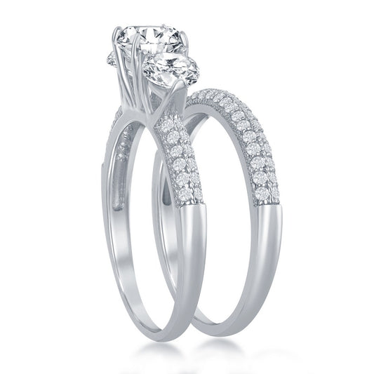 Sterling Silver Three-Stone Half Micro Pave Band Engagement Ring Set