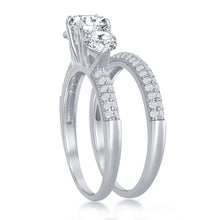 Load image into Gallery viewer, Sterling Silver Three-Stone Half Micro Pave Band Engagement Ring Set
