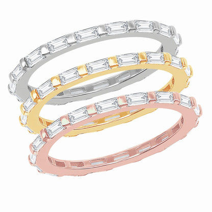 Sterling Silver Tri-Color Baguette CZ and Beaded Eternity Triple Band Ring