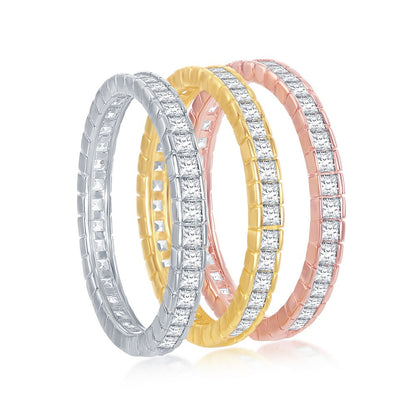 Sterling Silver Tri-Color Channel-Set Baguette CZ Eternity Triple Band Ring