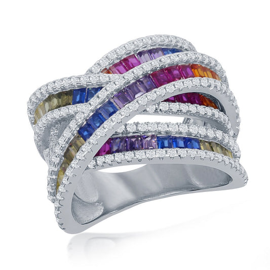 Sterling Silver Rainbow Baguette CZ Double 'X' Ring