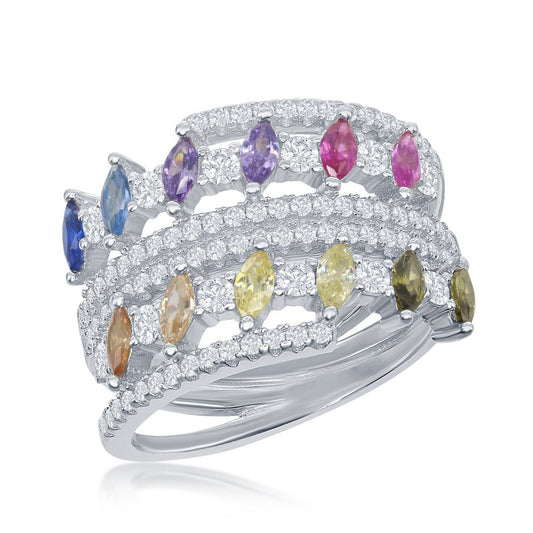 Sterling Silver Multi-Color Marquise CZ Double Ring