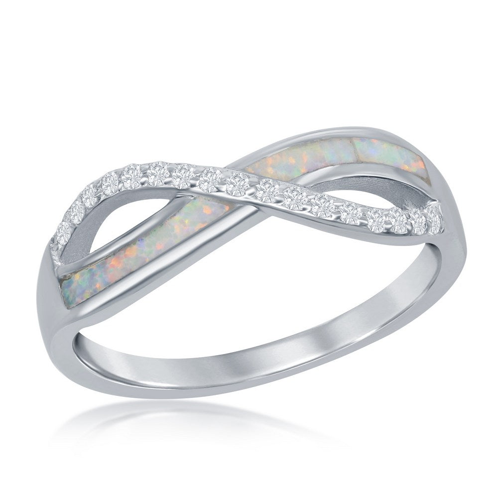Sterling Silver, CZ and White Inlay Opal Infinity Ring