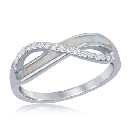 Sterling Silver, CZ and White Inlay Opal Infinity Ring
