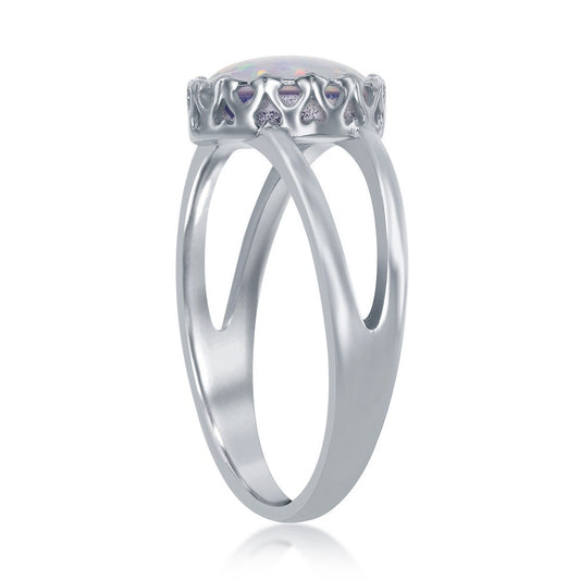 Sterling Silver  Round White Inlay Opal Open Band Ring