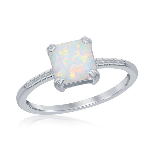 Sterling Silver, Square White Opal Beaded Band Ring