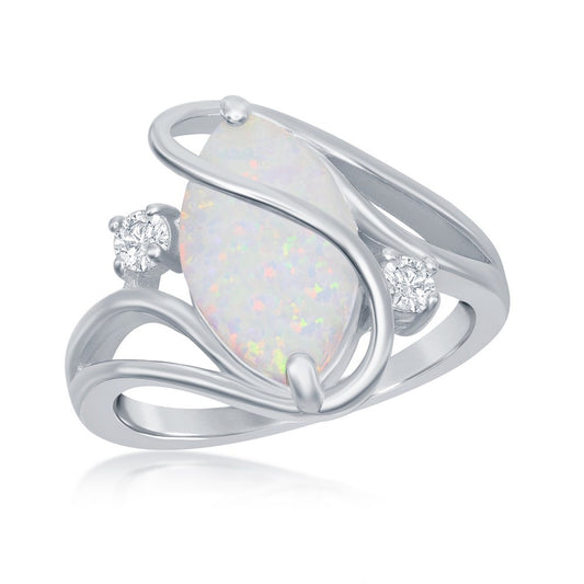 Sterling Silver, White Inlay Opal Oval Twist With CZ Ring