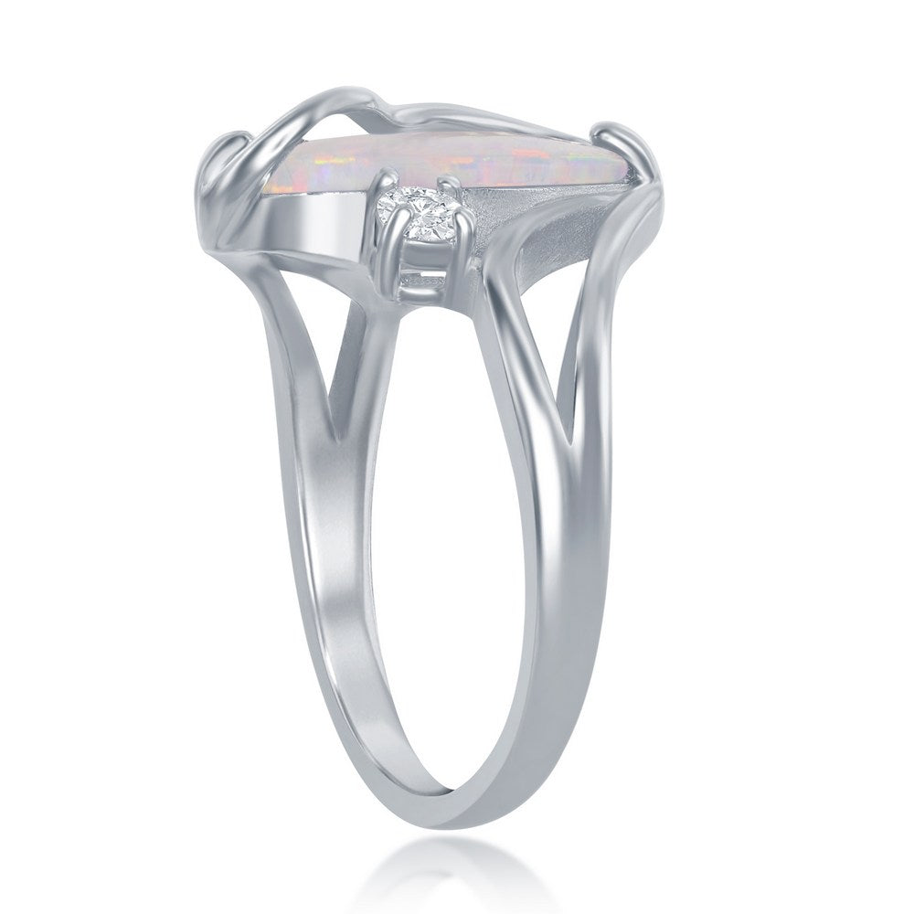 Sterling Silver, White Inlay Opal Oval Twist With CZ Ring