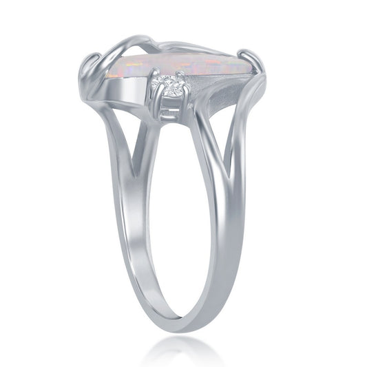 Sterling Silver, White Inlay Opal Oval Twist With CZ Ring