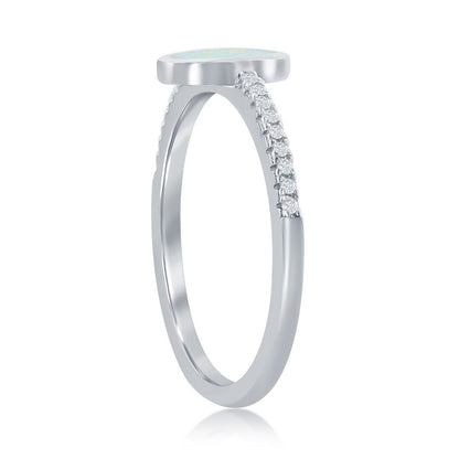Sterling Silver White Inlay Opal Oval CZ Band Ring