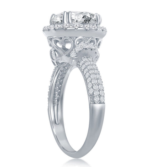 Sterling Silver Crown Set Round CZ with Halo Micro Pave CZ Band Engagement Ring