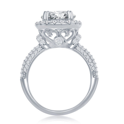 Sterling Silver Crown Set Round CZ with Halo Micro Pave CZ Band Engagement Ring