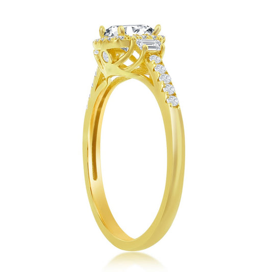 Sterling Silver Cushion CZ w/ Emerald-Cut CZ Side Stones Engagement Ring - Gold Plated