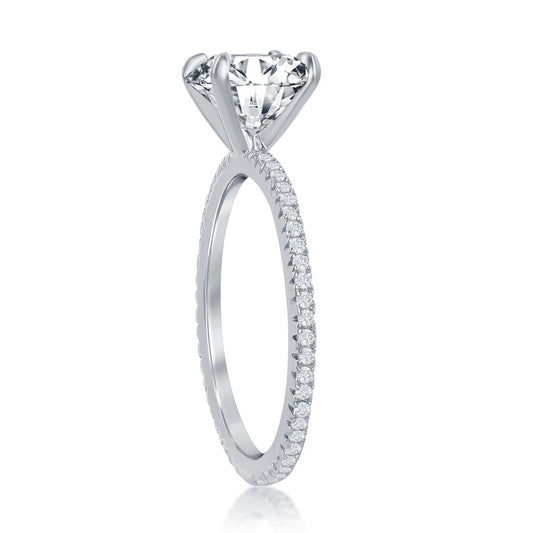Sterling Silver, 8mm Round Solitaire CZ Micro Pave Band Engagment Ring