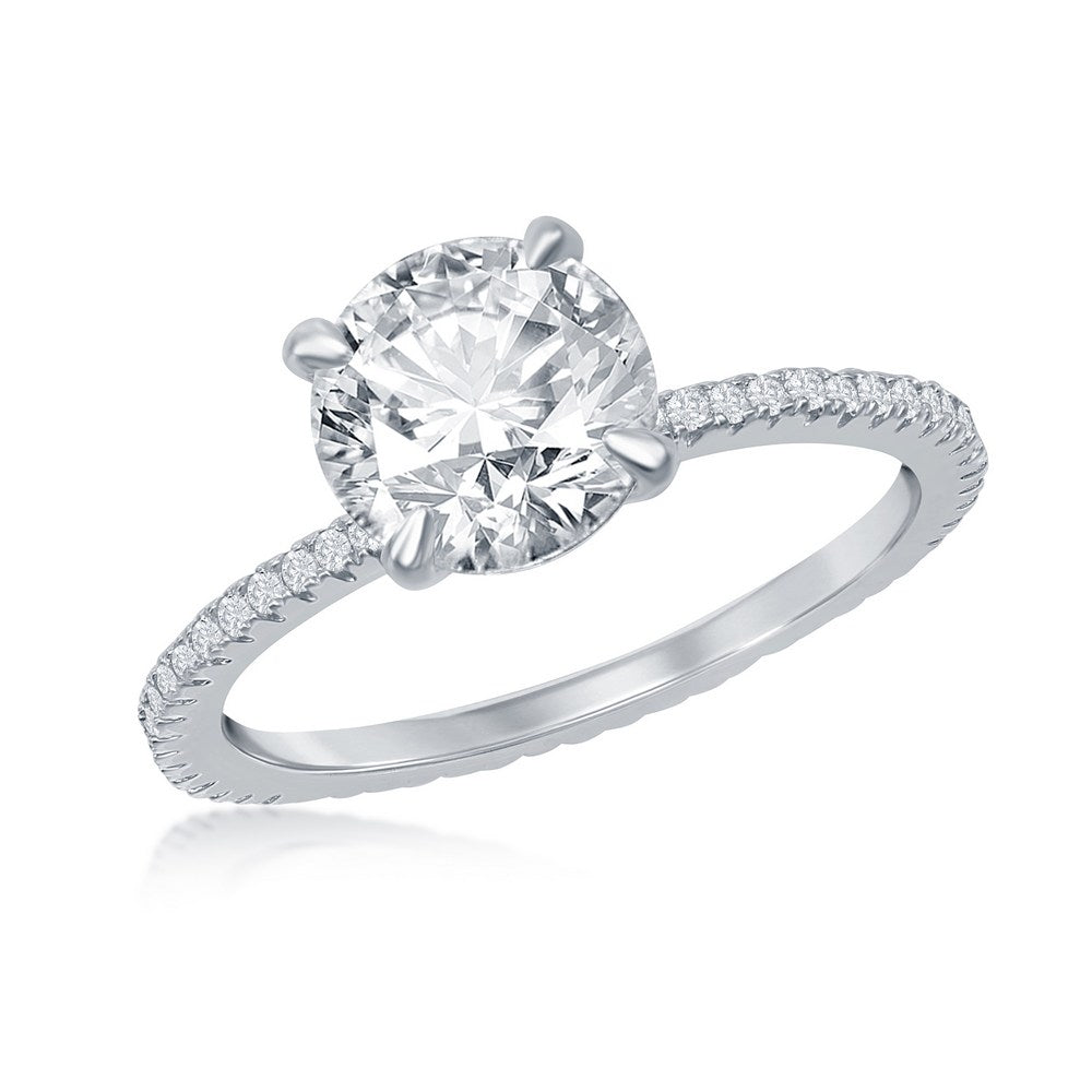 Sterling Silver, 8mm Round Solitaire CZ Micro Pave Band Engagment Ring
