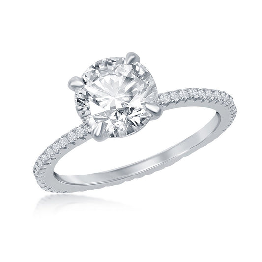 Sterling Silver, 8mm Round Solitaire CZ Micro Pave Band Engagment Ring