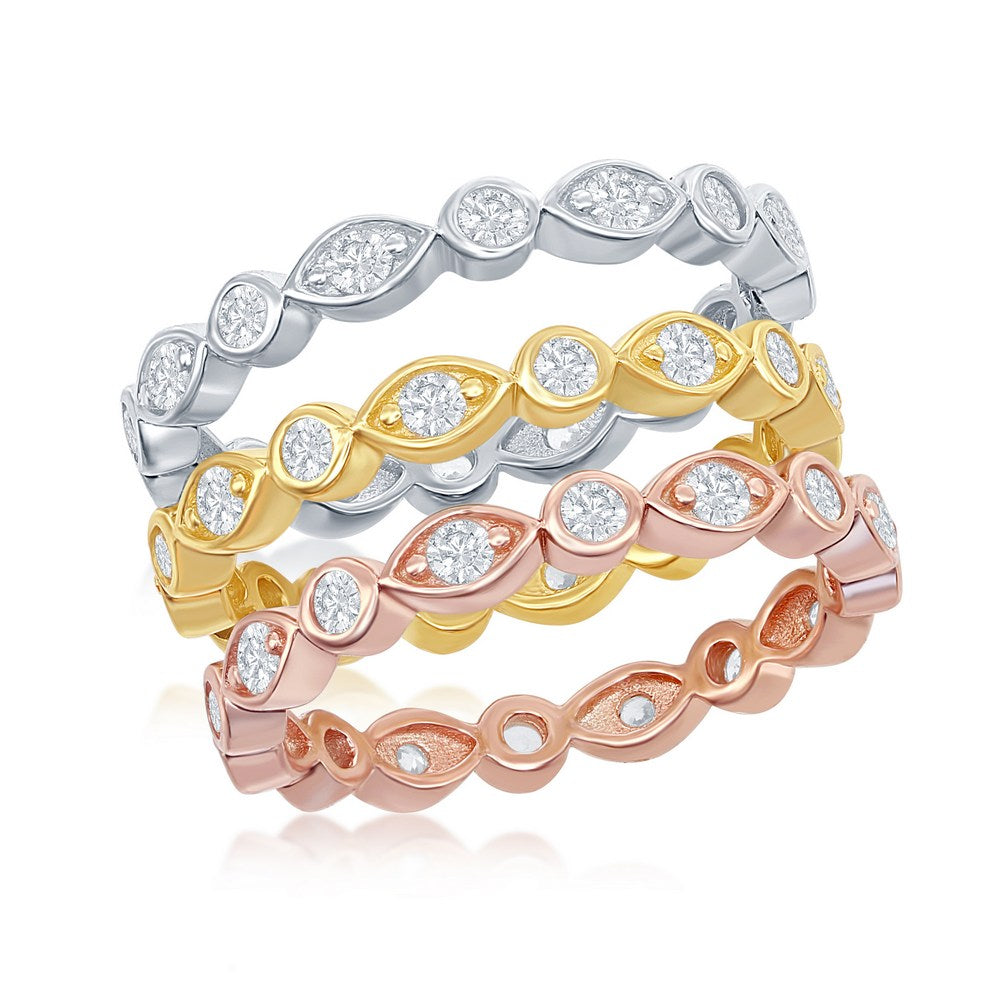 Sterling Silver Tri-Color, Marquise and Round CZ Eternity 3-Band Ring