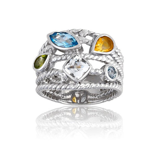 Sterling Silver BT, Citrine, Peridot and White Topaz Multi-Shaped Gem, 5-Strand Ring