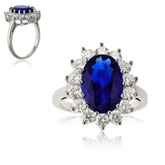 Sterling Silver Oval Blue Sapphire and Clear CZ Large Engagement Ring
