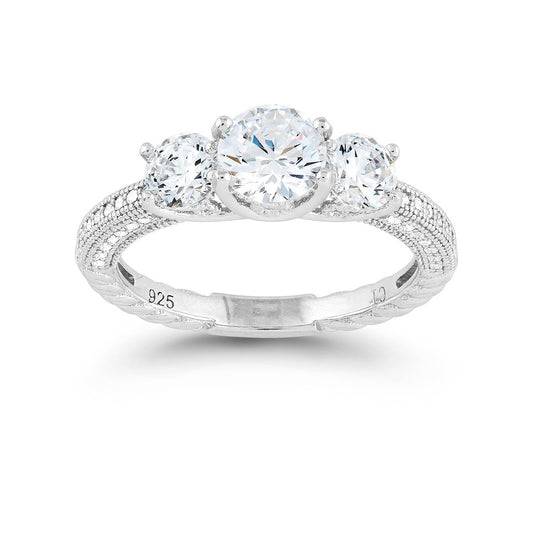 Sterling Silver Triple Center Round CZ with Micro Pave Band Ring