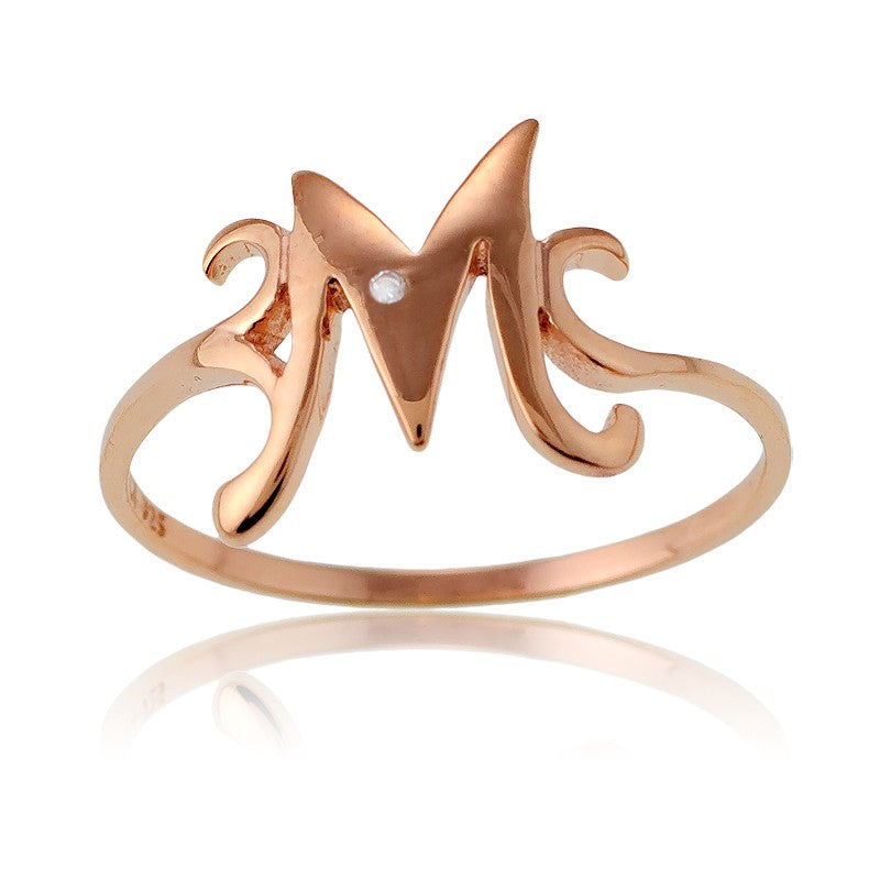 Sterling Silver 1 Micron Rose Gold-plating Single CZ "M" Ring