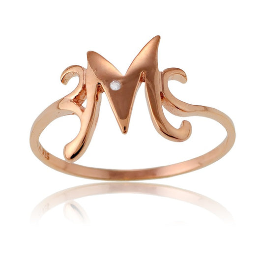 Sterling Silver 1 Micron Rose Gold-plating Single CZ "M" Ring