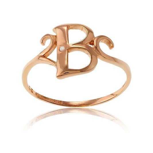 Sterling Silver 1 Micron Rose Gold-plating Single CZ "B" Ring
