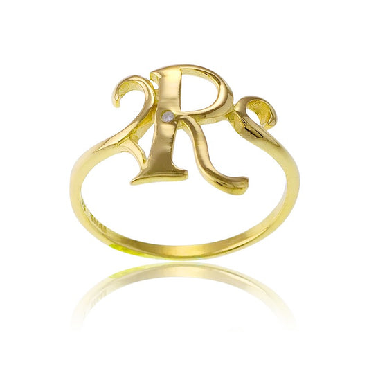 Sterling Silver 1 Micron Gold-plating Single CZ "R" Ring
