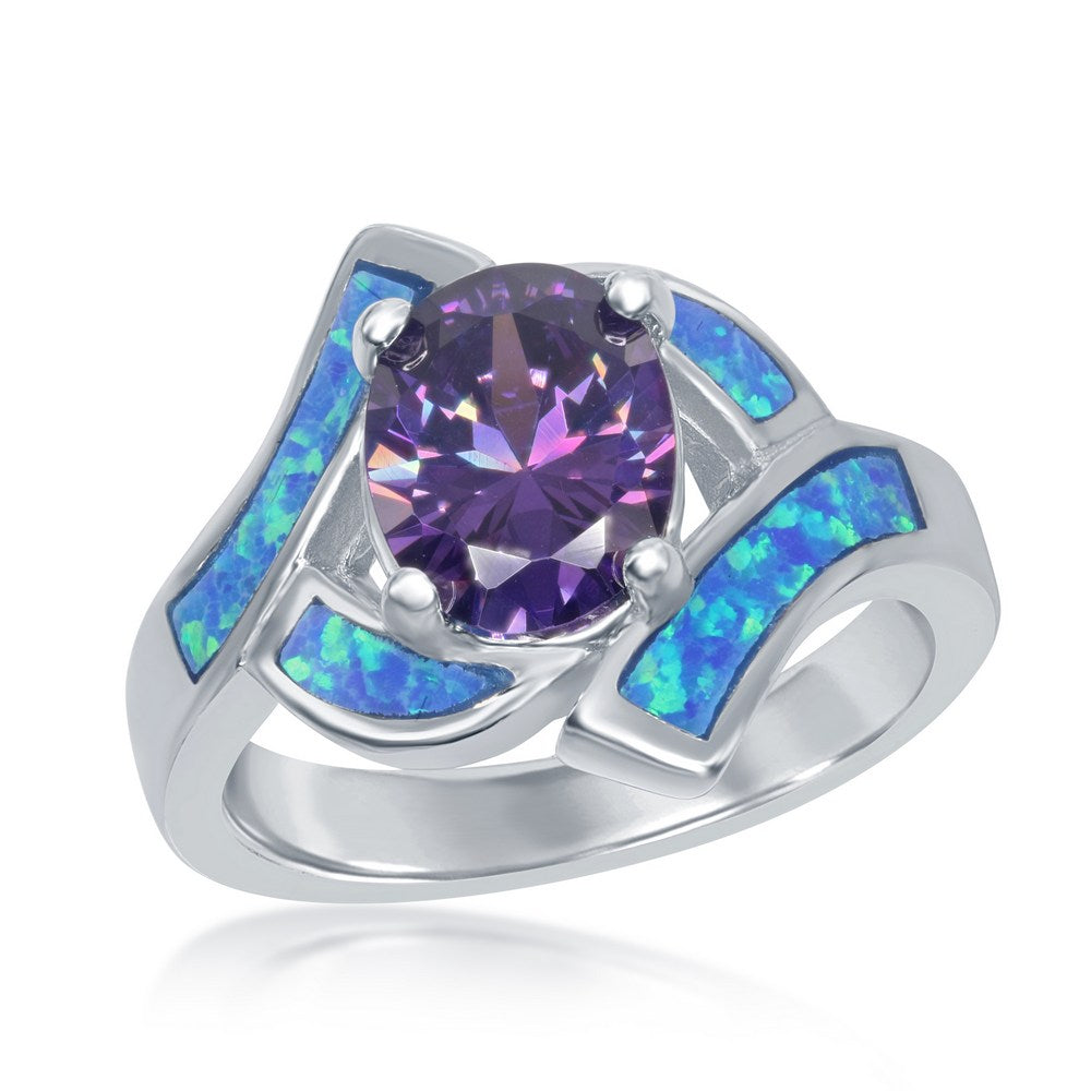 Sterling Silver Opal w/Oval Purple CZ Center Ring